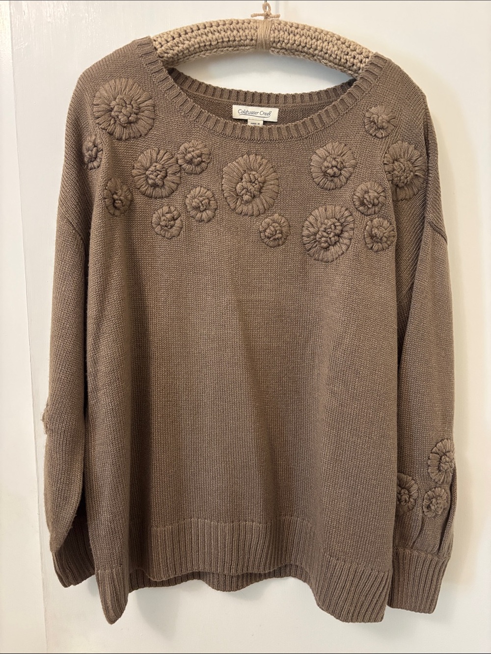 Coldwater Creek Taupe brown Floral embroidered Crew Neck Sweater